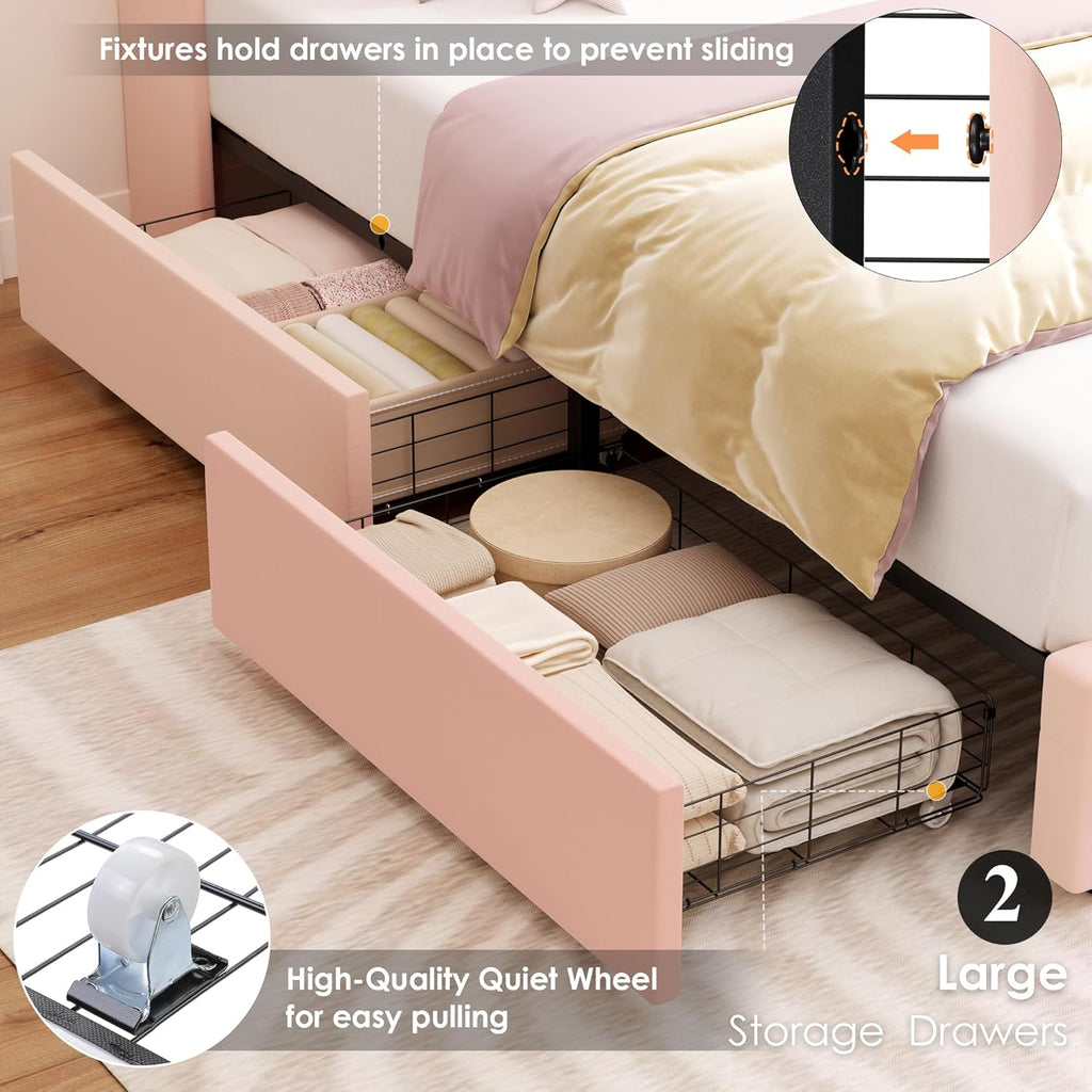 HIFIT Upholstered Twin LED Bed Frame with Charging Station Headboard & 2 Storage Drawers, Velvet Crystal Button-Tufted Princess Twin Size Platform Bed Frames for Kids/Girls, No Box Spring Needed, Pink
