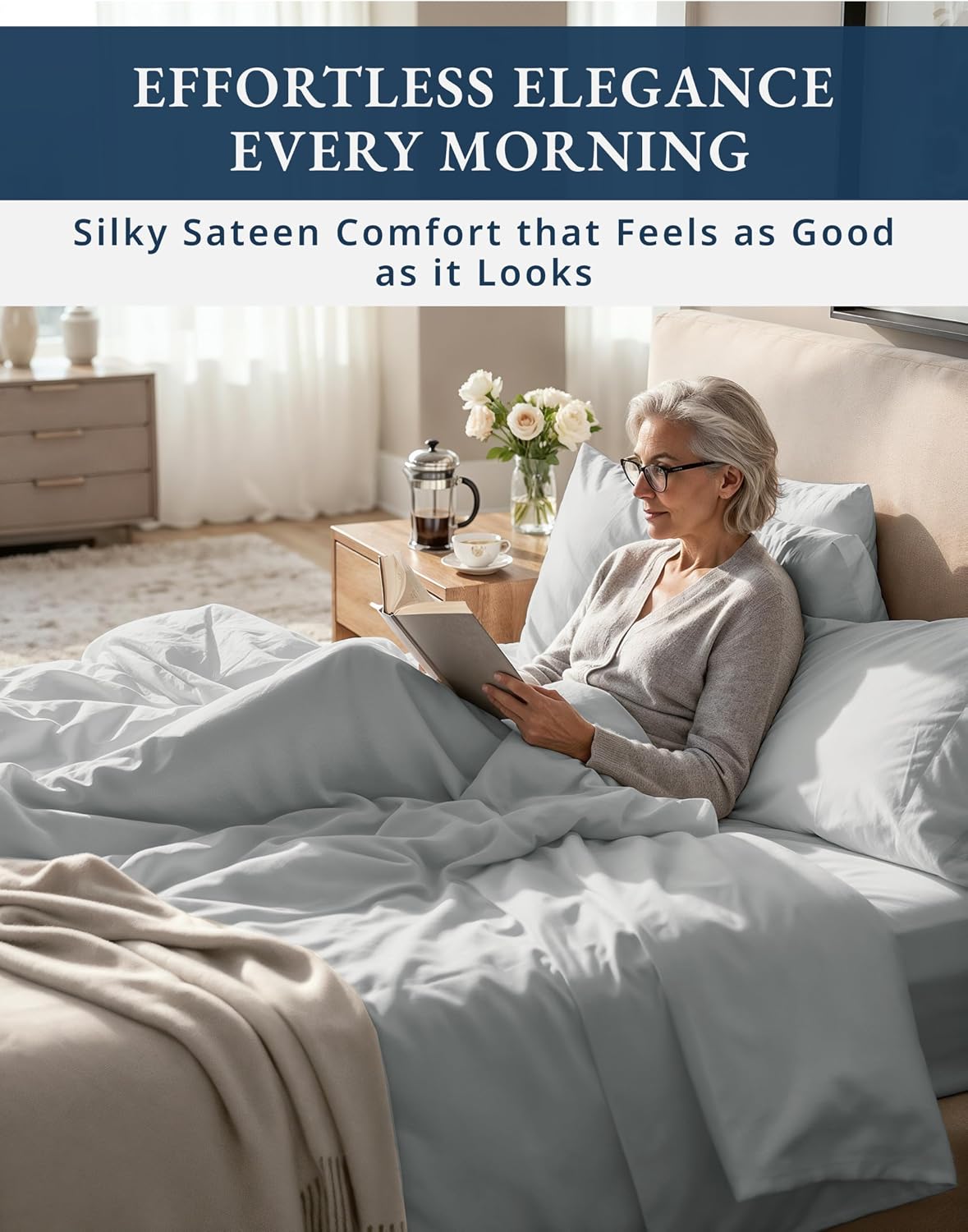 100% Egyptian Cotton Sheets King Size - 1000 Thread Count Naturally Cooling & Breathable Sateen King Size Sheets Set, Ultra-Soft & Durable Hotel Luxury Sheets with 15' Snug Fit Deep Pockets - Silver