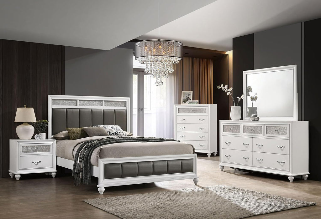 Coaster Home Furnishings Barzini Modern Classic 5-Piece Bedroom Set Leatherette Upholstered Eastern King Size Panel Bed Frame 56-inch Headboard White 205891KE-S5