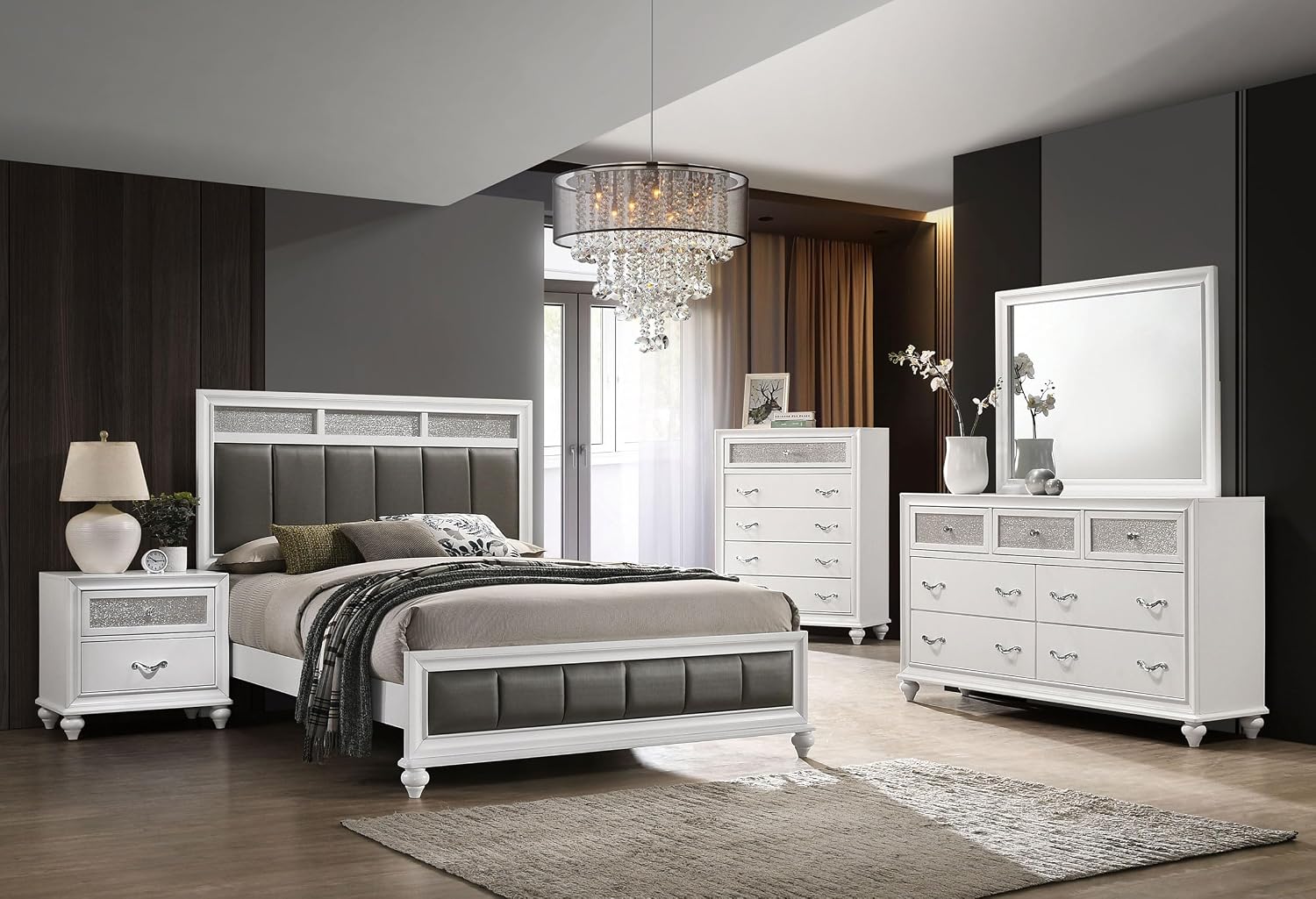 Coaster Home Furnishings Barzini Modern Classic 5-Piece Bedroom Set Leatherette Upholstered Eastern King Size Panel Bed Frame 56-inch Headboard White 205891KE-S5
