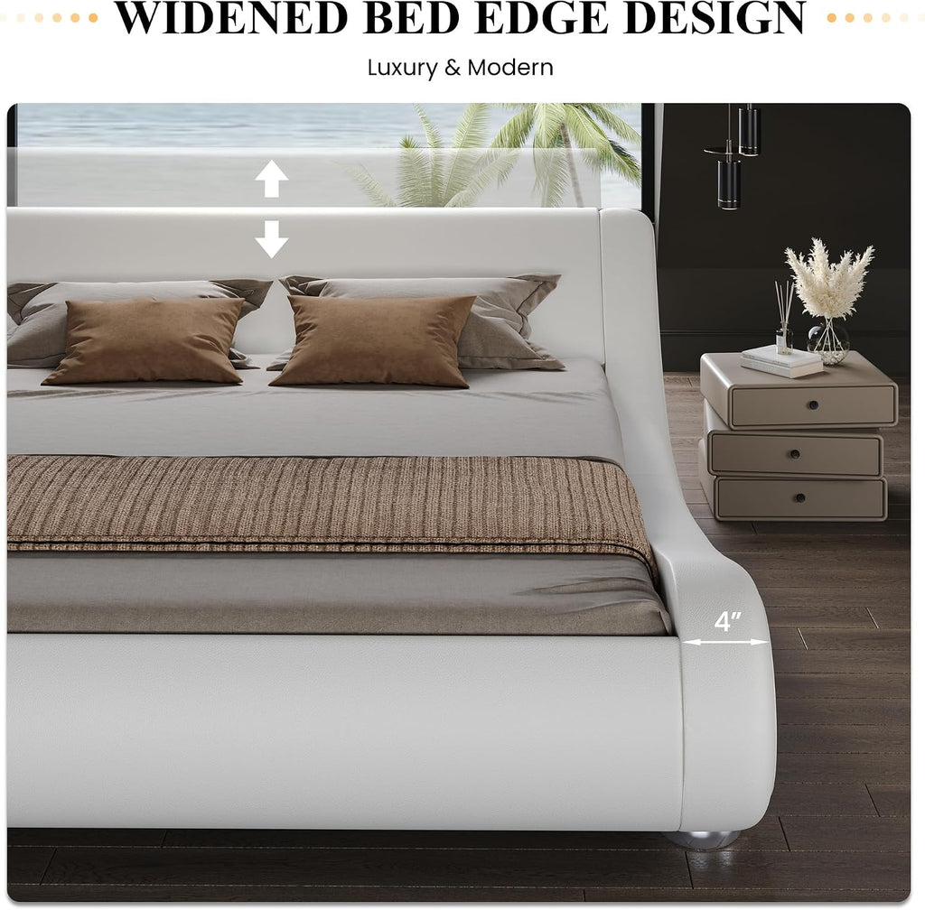 SHA CERLIN Full Size Upholstered Bed Frame, Deluxe Low Profile Sleigh Bed with Faux Leather Ergonomics Headboard, No Box Spring Needed & Easy Assembly, White