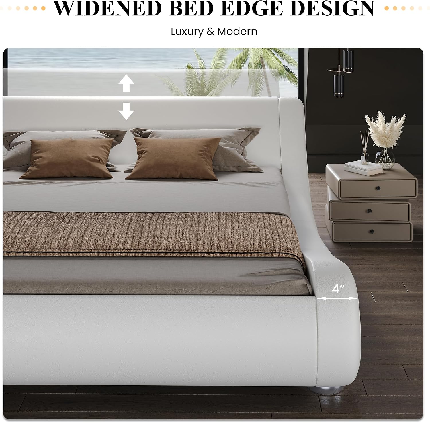 SHA CERLIN Full Size Upholstered Bed Frame, Deluxe Low Profile Sleigh Bed with Faux Leather Ergonomics Headboard, No Box Spring Needed & Easy Assembly, White