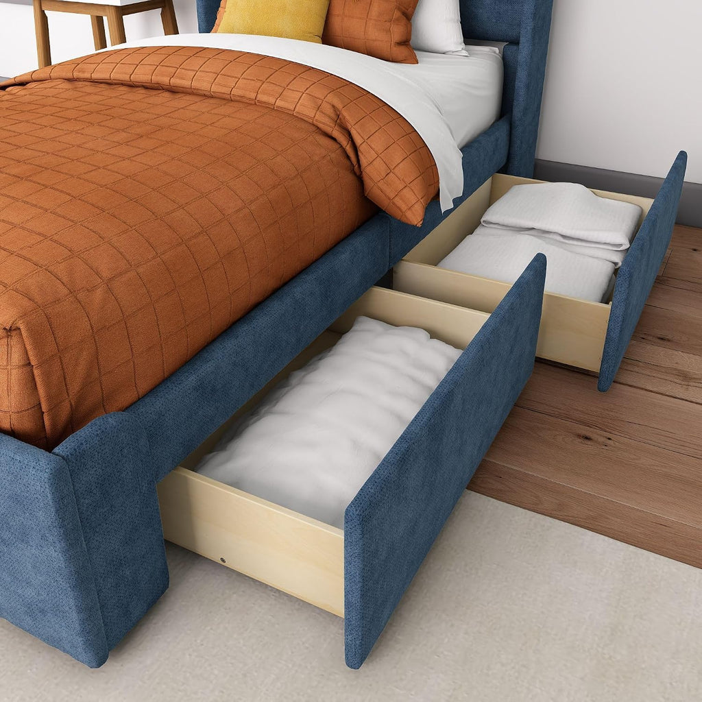 Max & Lily Upholstered Twin Bed Frame with Rectangular Headboard and Two Storage Drawers, Upholstered Platform Bed for Kids, No Box Spring Needed, Easy Assembly, Blue