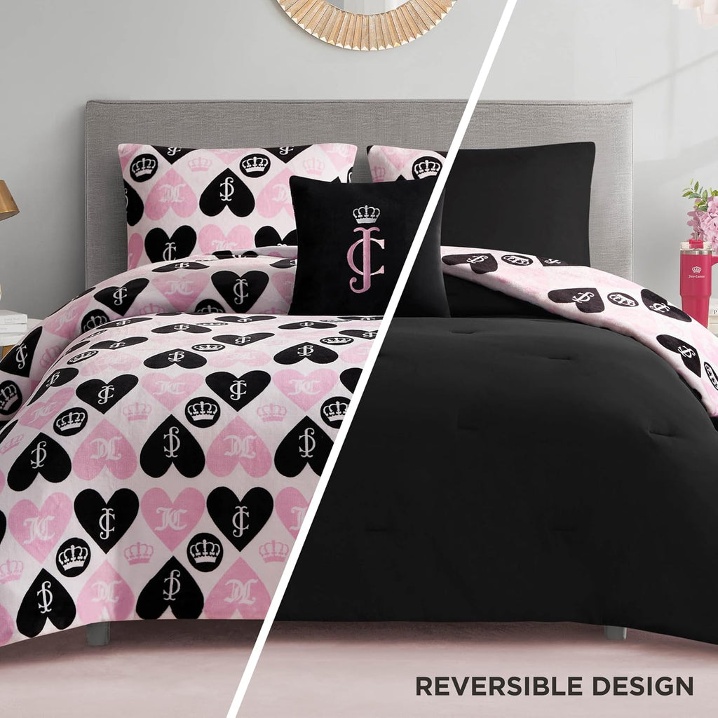 Juicy Couture Plush Reversible Queen Heart Logo 3-Piece Twin/Twin XL Comforter Set with Decorative Pillow, Pink