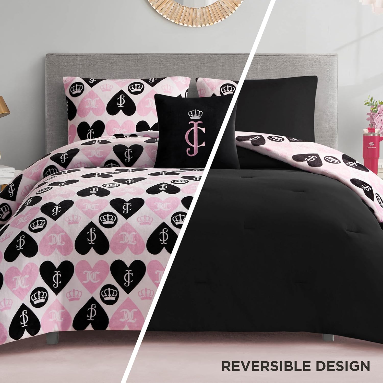 Juicy Couture Plush Reversible Queen Heart Logo 3-Piece Twin/Twin XL Comforter Set with Decorative Pillow, Pink