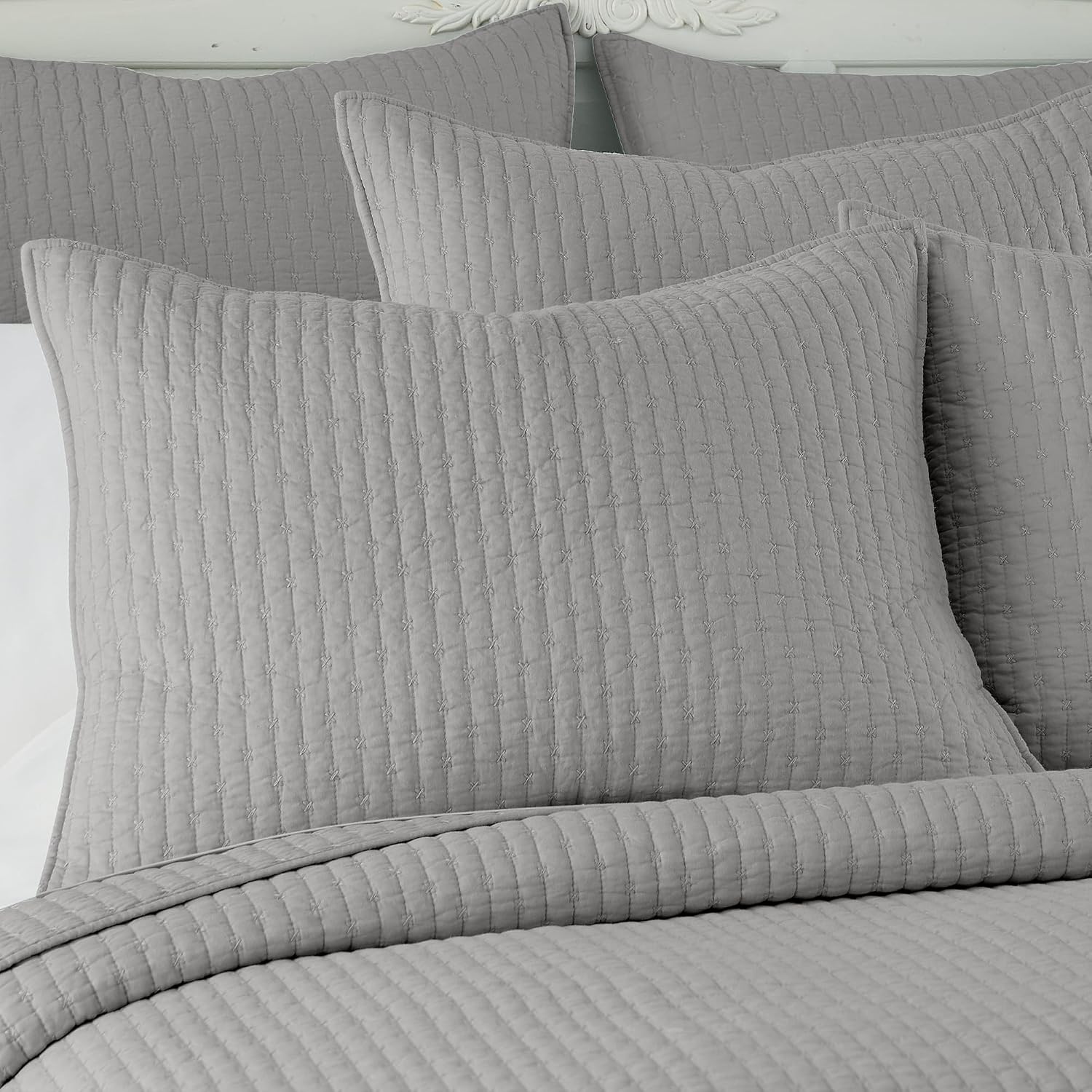 Levtex Home Cross Stitch Reversible King/Cal King Quilt Set (106x92in) and 2 Pillow Shams (36x20in) - Stitch Texture - Light Grey - Cotton King Size Quilt Bedding Set - Lightweight, Soft, Pre-Washed