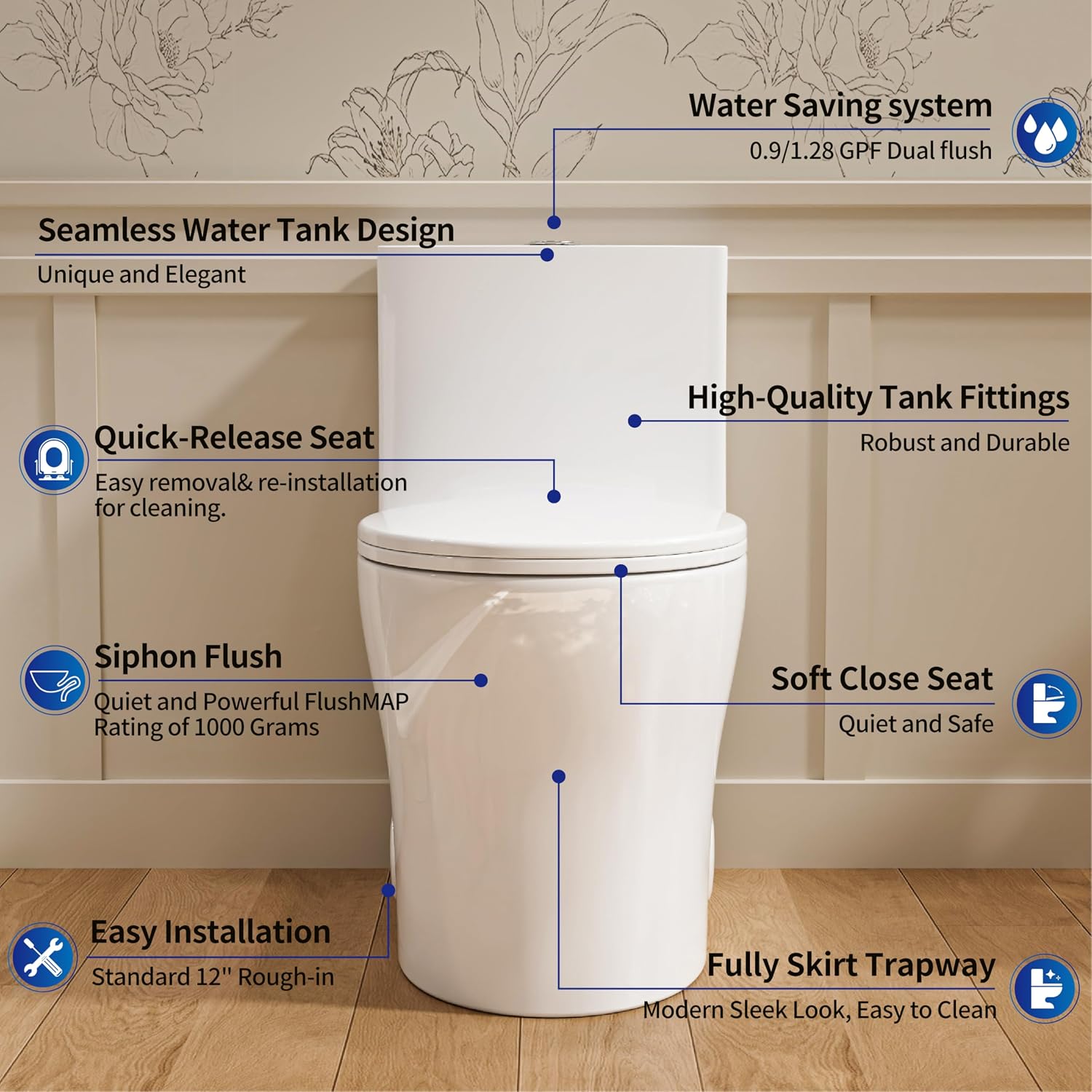 Casta Diva Compact One Piece Toilet for Small Bathroom, Round Modern Skirted Toilet with Soft Close Seat, Space Saving, 12'' Rough-in, High Efficiency Dual Flush and MAP 1000g, White