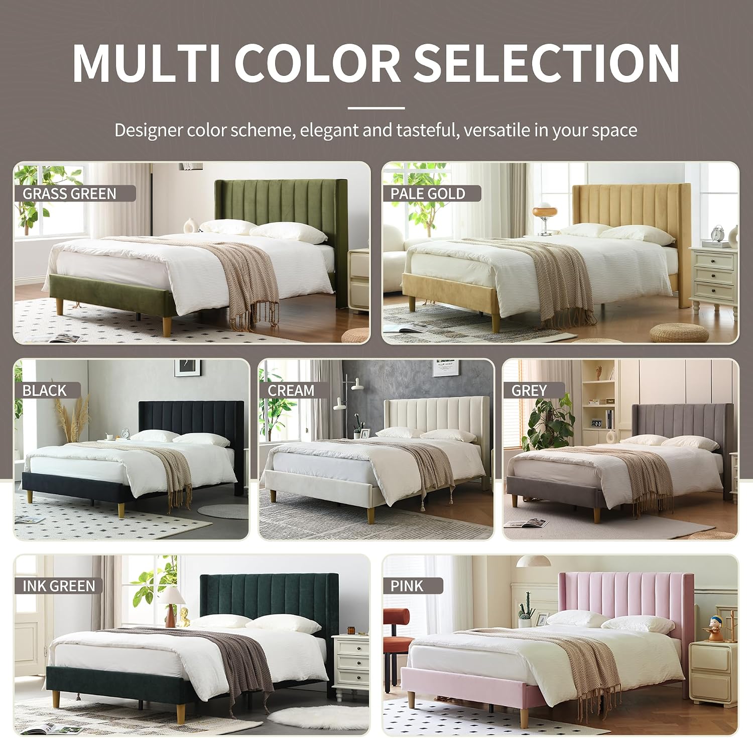 YUHUASHI upholstered Platform Bed Frame/Full Bed Frame/Modern Geometric Double-Wing Design headboard/Velvet Fabric/Easy to Assemble no Noise (Grass Green, Full)