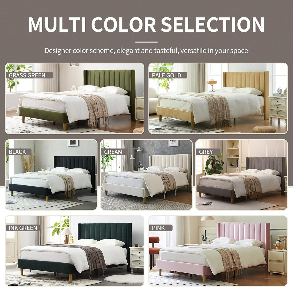 YUHUASHI upholstered Platform Bed Frame/Queen Bed Frame/Modern Geometric Double-Wing Design headboard/Velvet Fabric/Easy to Assemble no Noise (Grass Green, Queen (U.S. Standard))