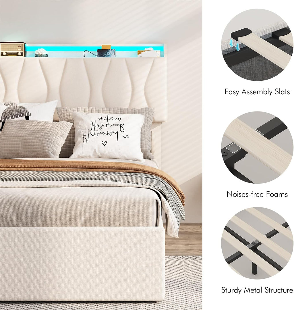 Fameill Twin Size Lift Up Storage Bed Frame with Adjustable Headboard, Charging Station, LED Lights, Wood Slats, Noise-Free, No Box Spring Needed, Beige