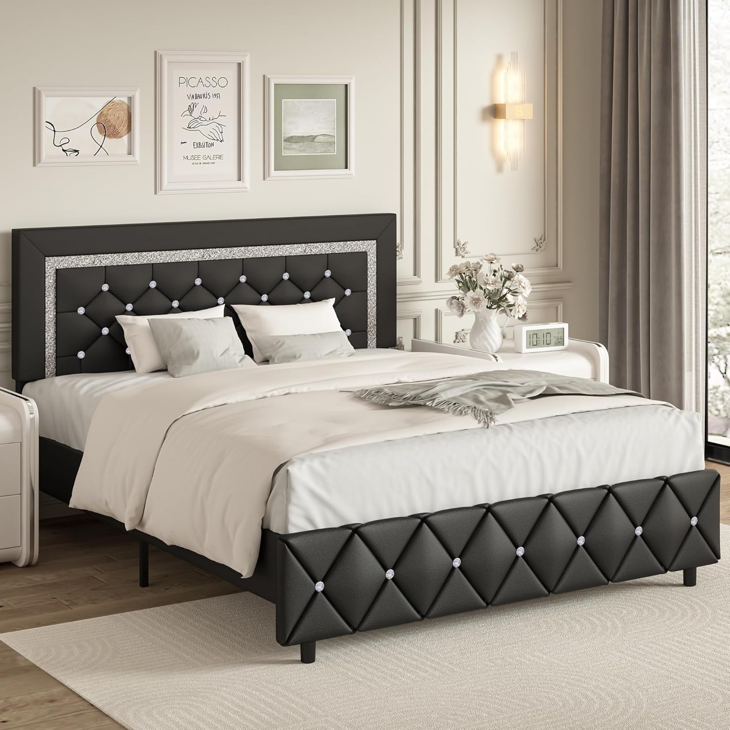 BarnFurin Queen Bed Frame with Headboard, Faux Leather Upholstered Bed with Button Tufted Headboard, Modern Platform Bed Frame with Diamond Design, No Box Spring Required, Easy Assembly, Black