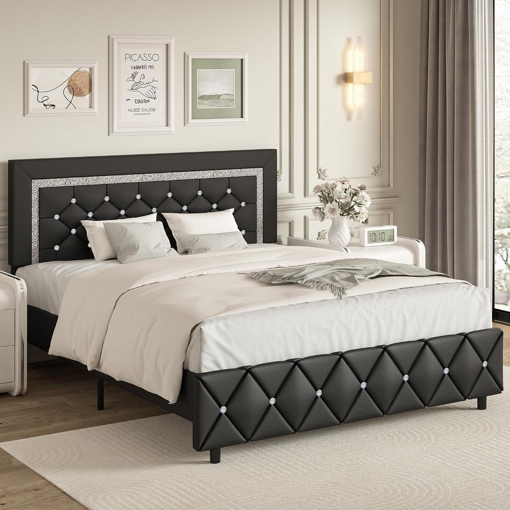 BarnFurin Full Size Bed Frame with Headboard, Faux Leather Upholstered Bed with Button Tufted Headboard, Modern Platform Bed Frame with Diamond Design, No Box Spring Required, Easy Assembly, Black