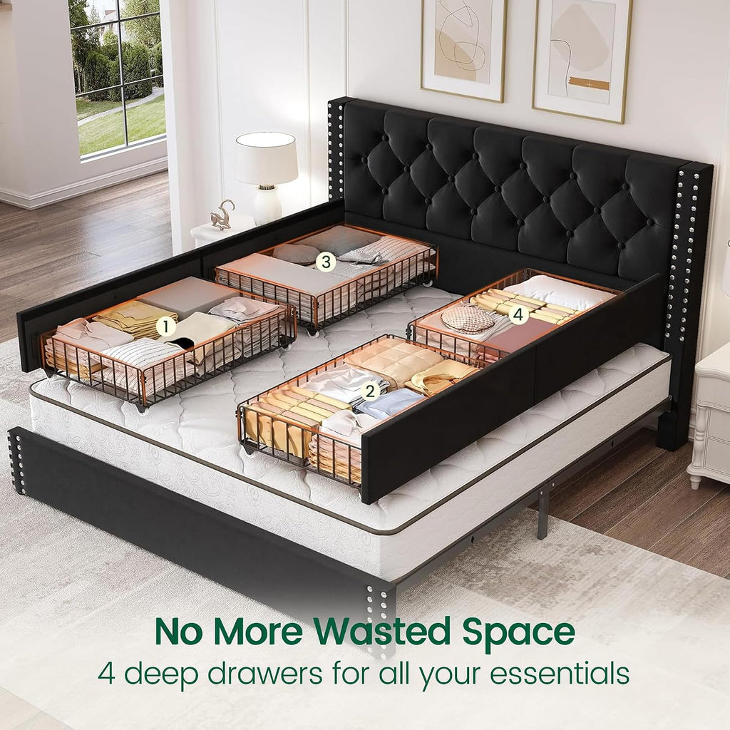 LARMACE Full Size Bed Frame with 4 Storage Drawers and Tufted Headboard Upholstered Platform Bed Frame with Heavy Duty Wood Slats, No Box Spring Needed, Easy Assembly,Black