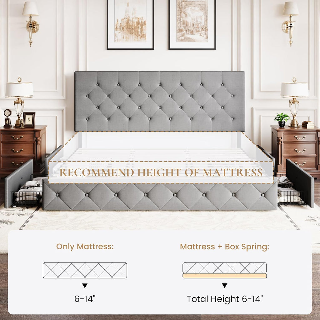SHA CERLIN Upholstered King Size Platform Bed Frame with 4 Storage Drawers, Adjustable Headboard with Diamond Stitched Button Tufted Design, Wooden Slat Support, No Box Spring Needed, Light Grey