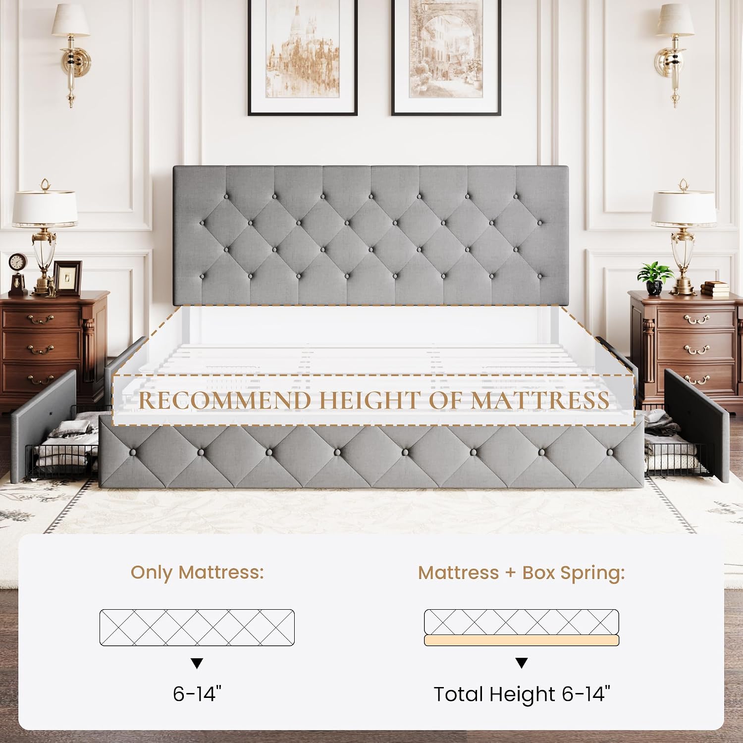 SHA CERLIN Upholstered King Size Platform Bed Frame with 4 Storage Drawers, Adjustable Headboard with Diamond Stitched Button Tufted Design, Wooden Slat Support, No Box Spring Needed, Light Grey