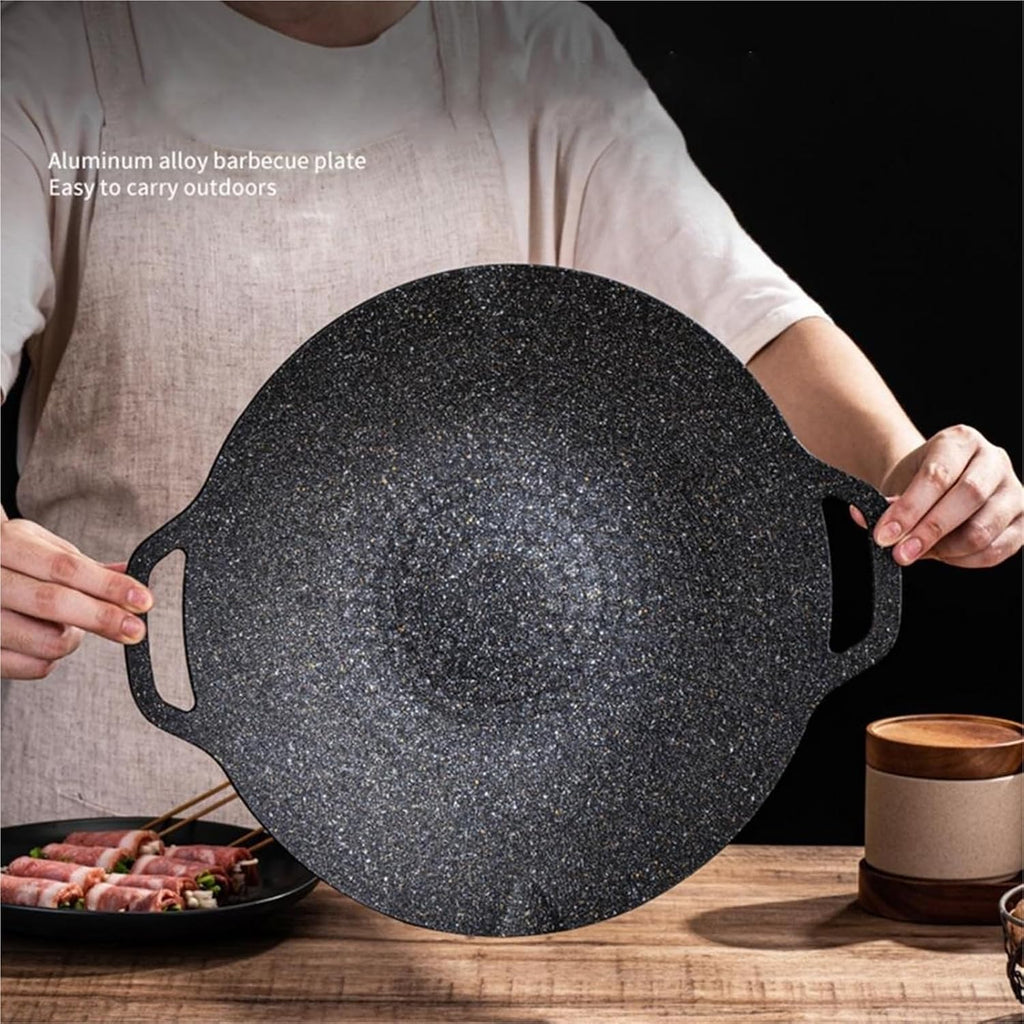 Cast Iron Barbecue Tray Bbq Grill Pan for Indoor Cooking Camping Non-stick Round Baking with for Home for Outdoor Camping(M-33x18x3cm)