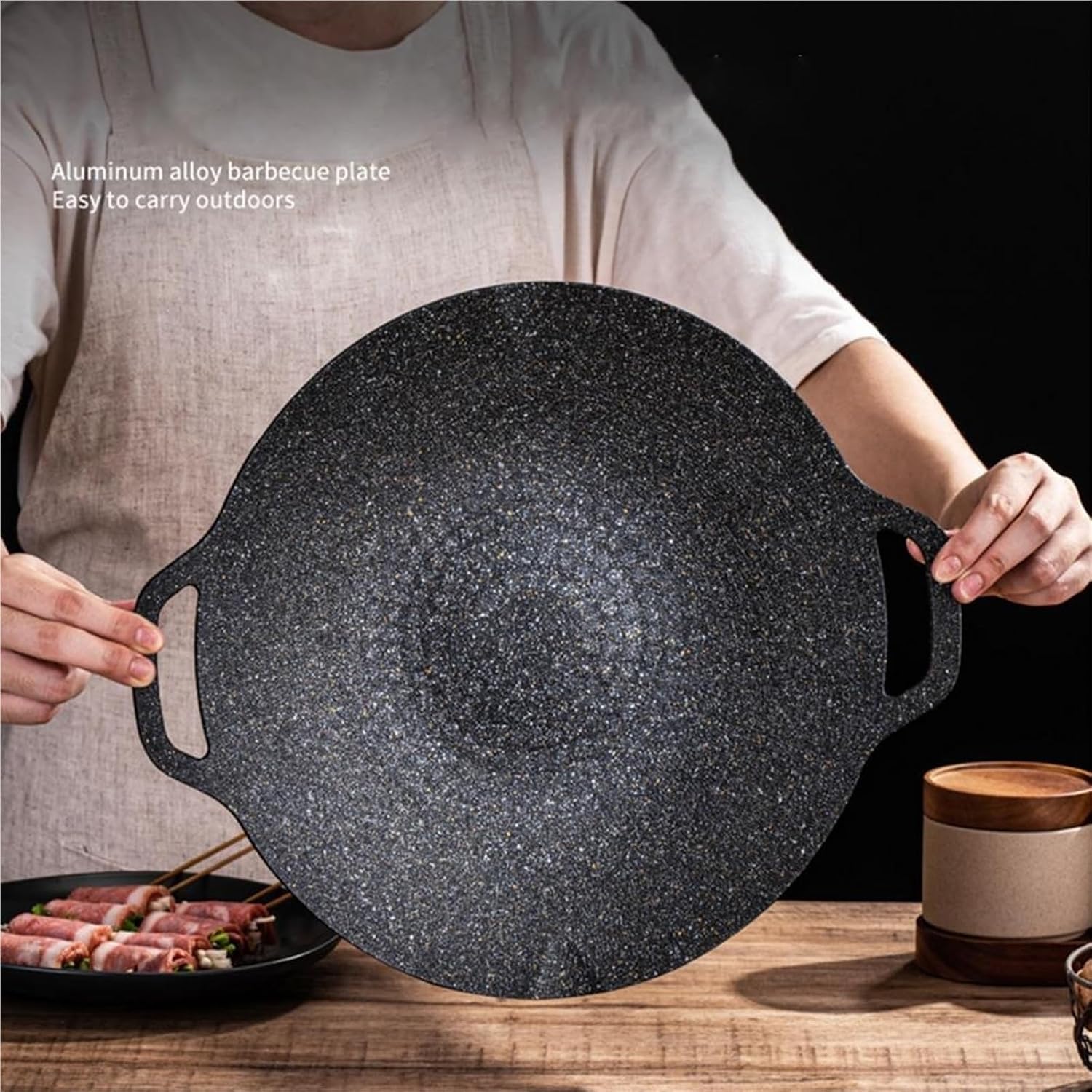 Cast Iron Barbecue Tray Bbq Grill Pan for Indoor Cooking Camping Non-stick Round Baking with for Home for Outdoor Camping(M-33x18x3cm)