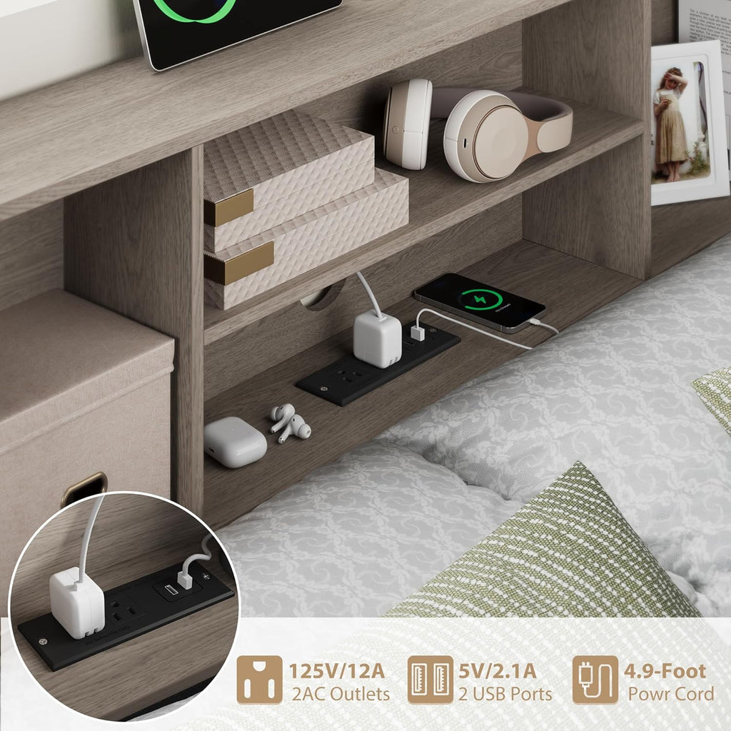Corner Bed Frame with High Footboard Design, Full Size Bed Frame with 2 Storage Drawers and 8 Bookcases, Full Size Daybed with Charging Station for Kids Teens