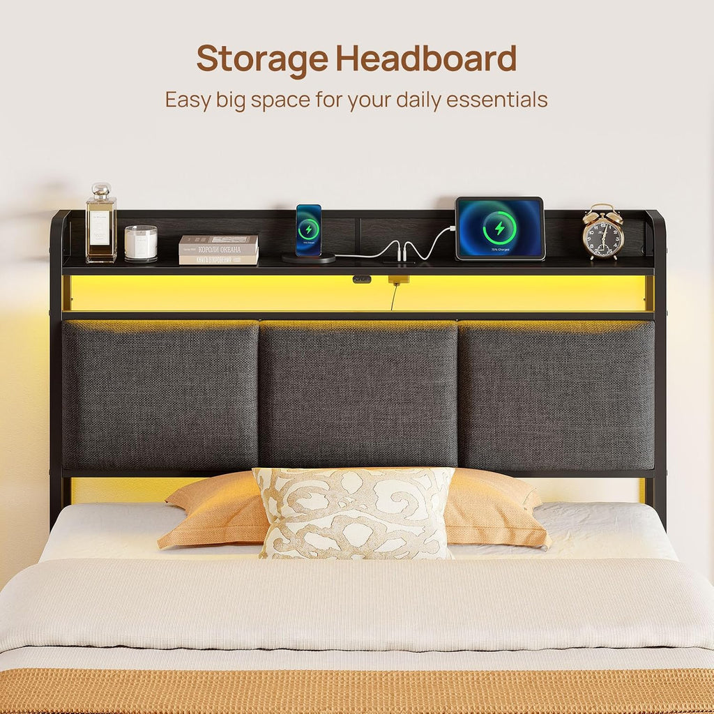 Rolanstar Bed Frame Twin Size with Charging Station and LED Lights, Upholstered Storage Headboard with Drawers, Heavy Duty Metal Slats, No Box Spring Needed, Noise Free, Easy Assembly, Dark Grey