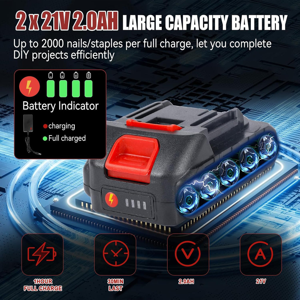 JOJOCY 21V Cordless Brad Nailer Stapler Kit, 2 2.0Ah Batteries, 18GA 2000 Nails & Staples, 2 Firing Modes, Safety Lock for Carpentry DIY Woodworking