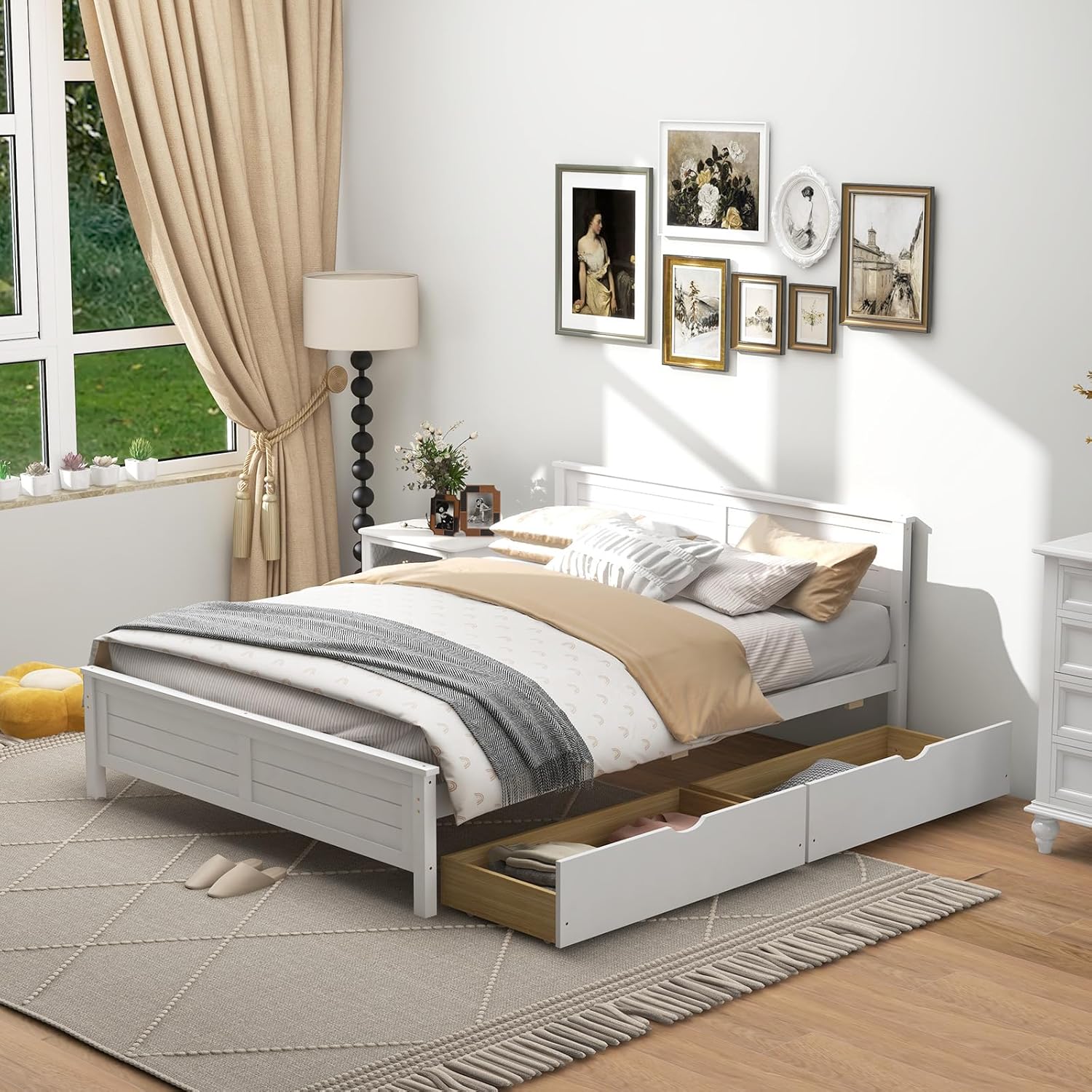 GOFLAME Full Size Bed Frame with 2 Drawers, Platform Bed with Solid Wood Headboard & Footboard, Wood Slats Support Mattress Foundation, Under Bed Storage, No Box Spring Needed, Easy Assembly, White