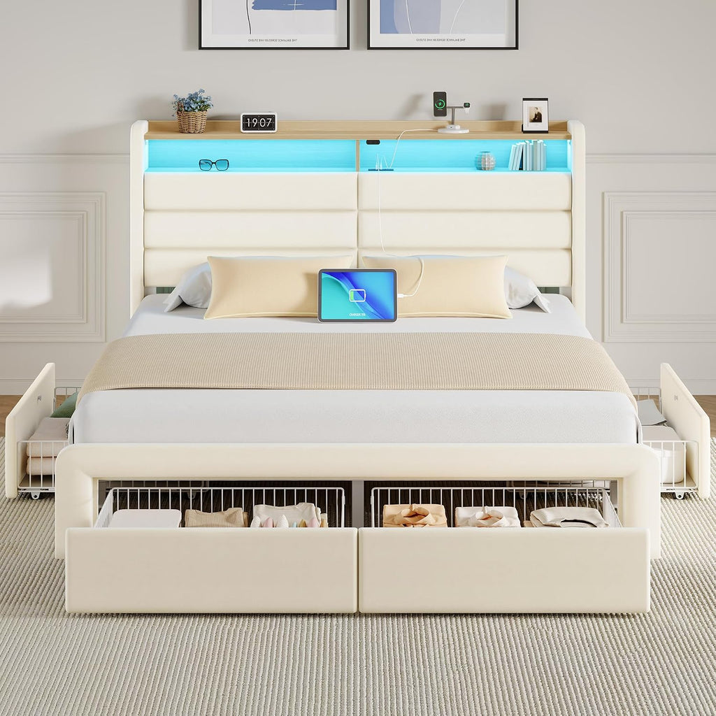 Seventable Full Bed Frame with Storage Drawers & Charging Station, Upholstered Platform Bed with LED Light and Storage Headboard, No Box Spring Needed, Noise Free, Easy Assembly, Biege