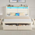Seventable Full Bed Frame with Storage Drawers & Charging Station, Upholstered Platform Bed with LED Light and Storage Headboard, No Box Spring Needed, Noise Free, Easy Assembly, Biege