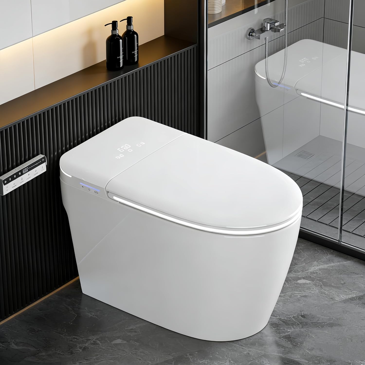 TDH Modern Smart Toilet, Upgrade Gourd-Shaped Heated Seat with Warm Water Wash, Aromatherapy Spray & Foam Shield, Air Dryer, Foot Sensor,Auto Flushing & Open Close Lid