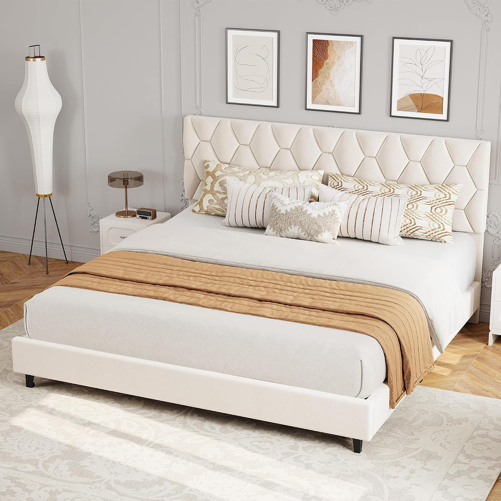 GarveeHome Beige King Bed Frame with Upholstered Headboard, Heavy-Duty Platform Bed Frame with Adjustable Headboard, Strong Wood Slat Support/No Box Spring Needed/Noise Free