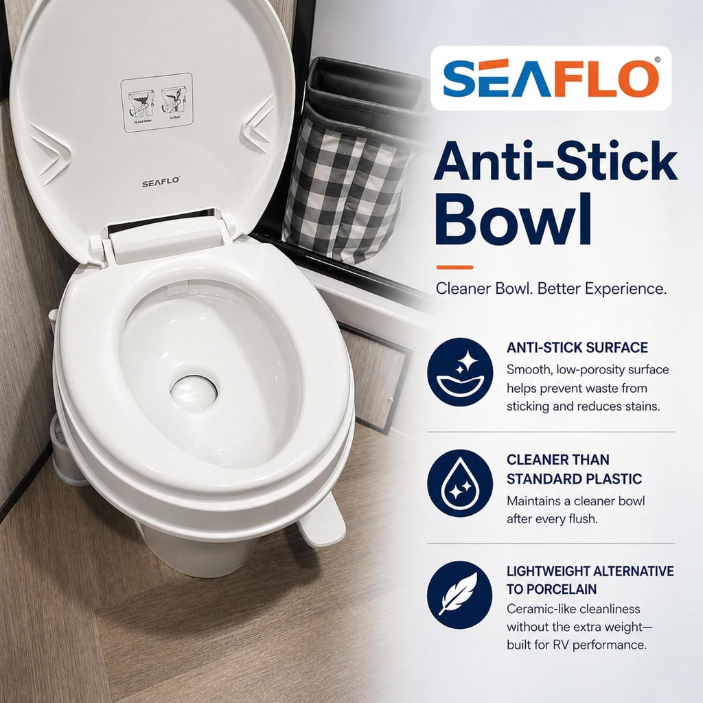 SEAFLO RV Toilet, Residential Height 18.4', Gravity Flush Foot Pedal, Soft Close Seat, Camper Toilet for RV Motorhome Travel Trailer, White, SFRTPH-01-01, 4-Year Warranty