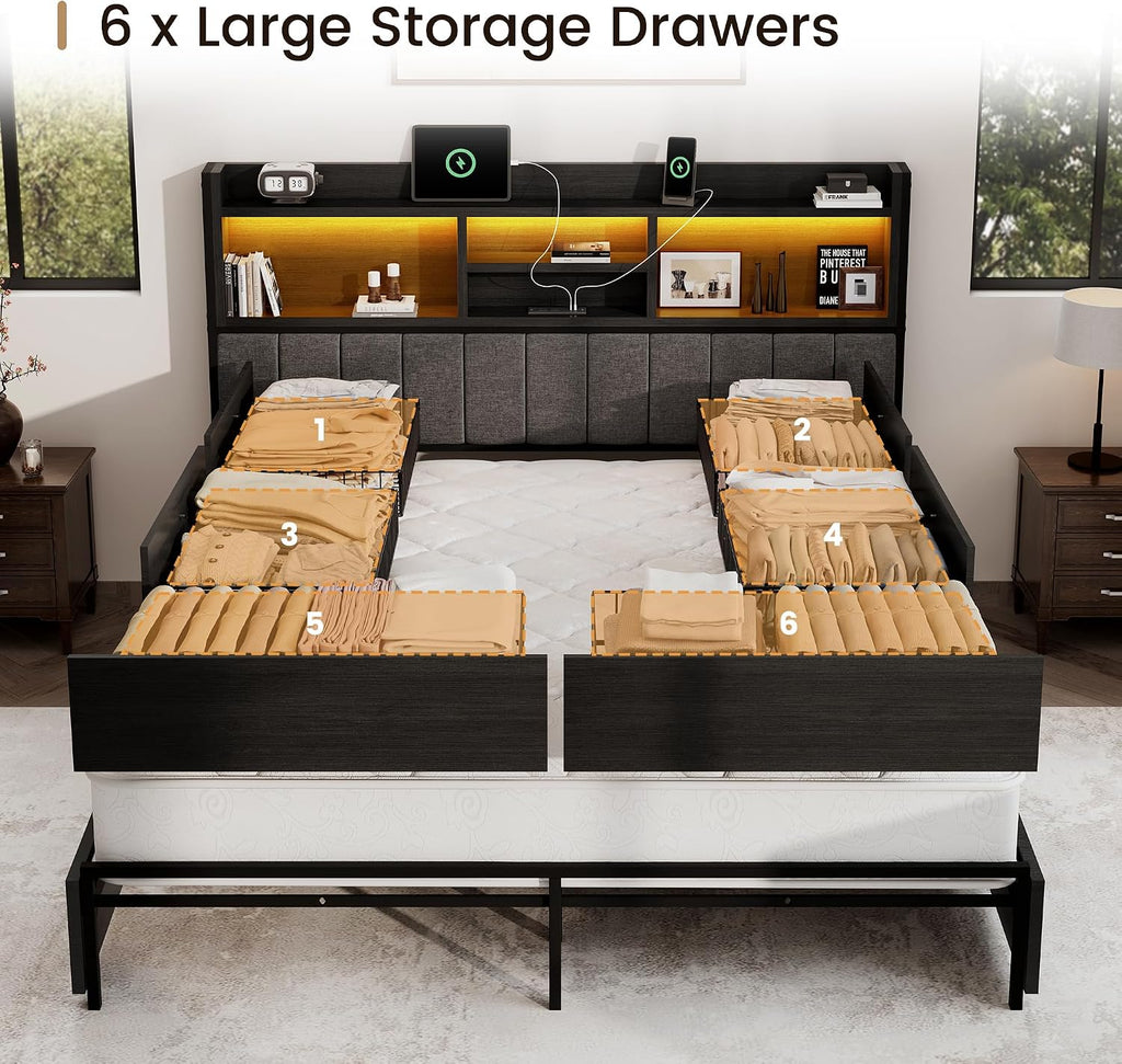 BRELTAM King Bed Frame with 6 Storage Drawers, Linen Upholstered Headboard, Built-in USB Charging Station & LED Lighting, Silent Metal Support, No Box Spring Needed, Vintage Black