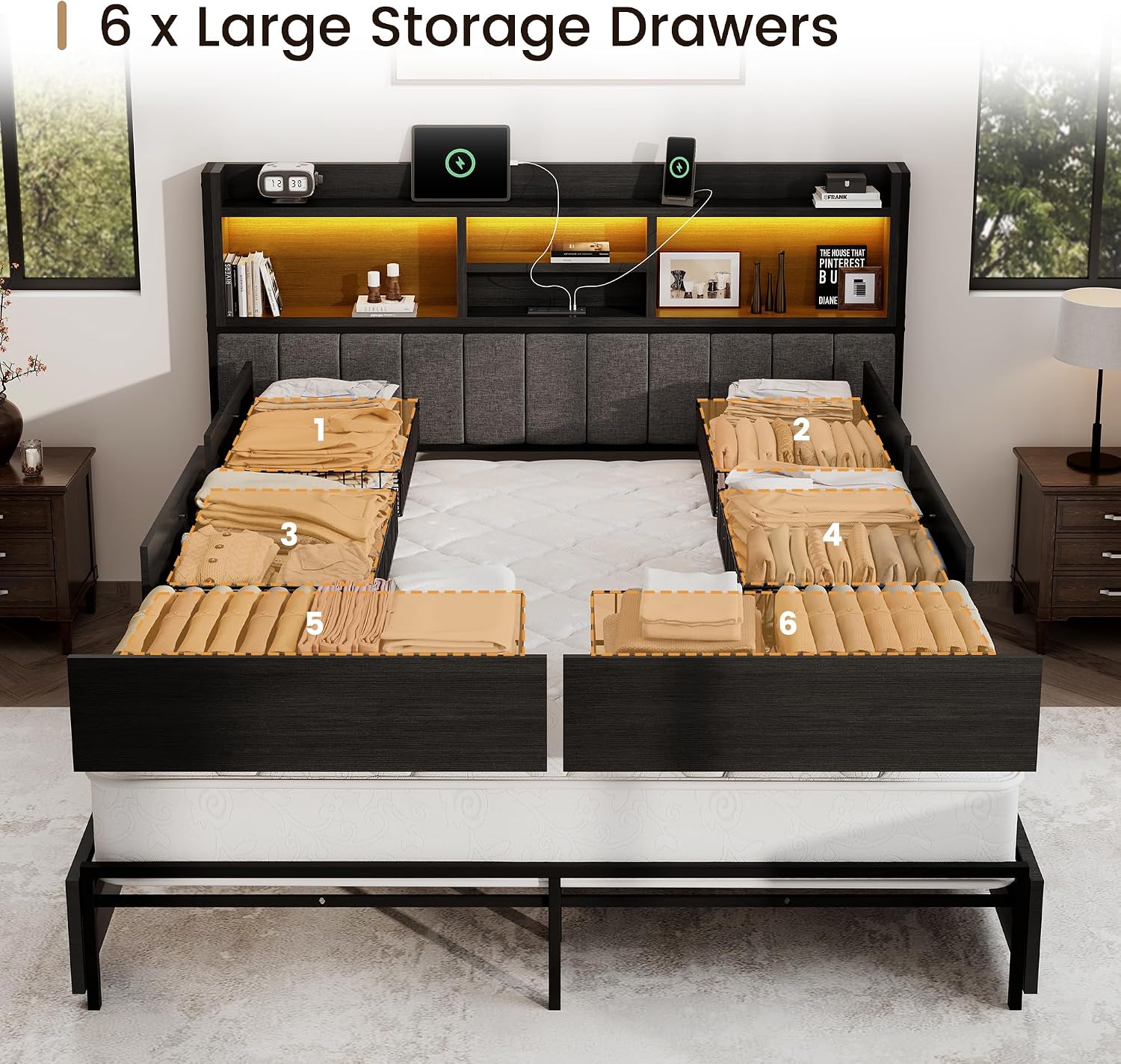 BRELTAM King Bed Frame with 6 Storage Drawers, Linen Upholstered Headboard, Built-in USB Charging Station & LED Lighting, Silent Metal Support, No Box Spring Needed, Vintage Black