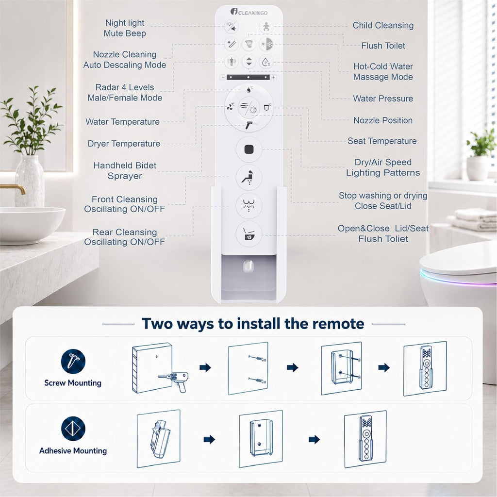 DC02 iCleaningo Electric Bidet Toilet Seat, Auto Open & Close Lid, Heated Seat, Adjustable Wash & Dry, 360° Handheld Sprayer, 42-Color Dual-Ring Ambient Light, Elongated, Remote