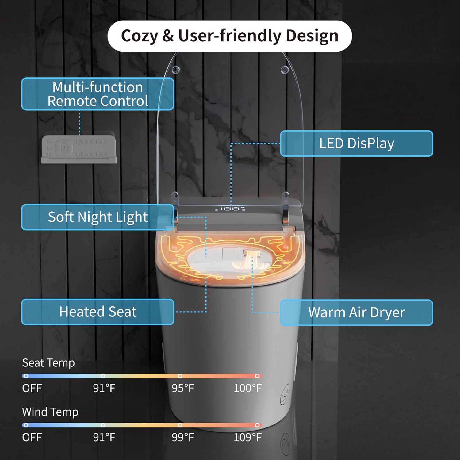 Luxury Smart Toilet, Bidet Toilet with ADA Chair Height, Auto Open/Close, 1000 Gram MaP Auto Flush, Warm Water/Dryer, Deodorization, Elongated Heated Seat, Smart Toilet with Bidet Built in