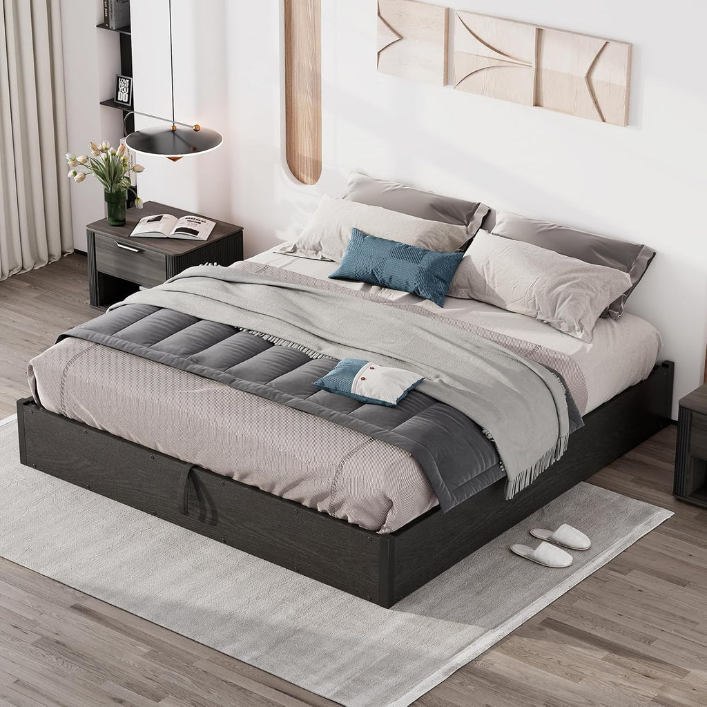 LUXOAK 3 Pieces Bedroom Sets, Includes King Size Lift Up Storage Platform Bed Frame, 2 Drawers Farmhouse Nightstand Set of 2 with Charging Station, No Box Spring Needed, Black