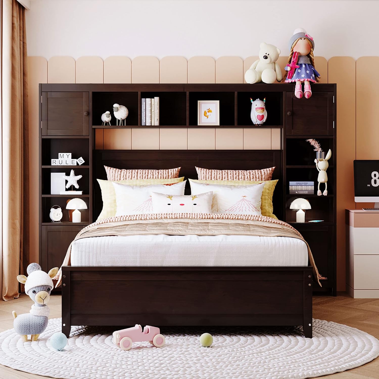 Harper & Bright Designs Full Size Platform Bed Frame with Bookcase Headboard and Drawers, Solid Wood Bed Frame with All-in-One Cabinet and Shelf for Saving Space, Espresso