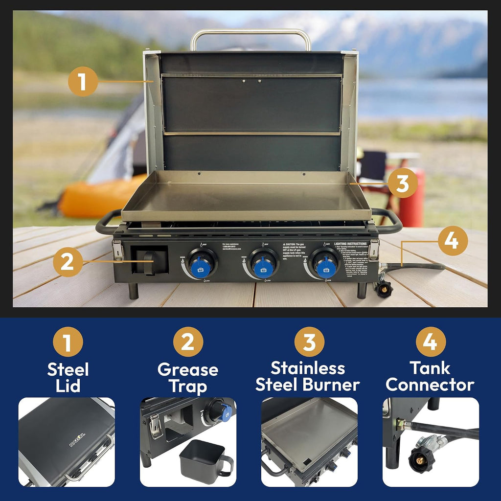 Razor 25 in. 3-Burner Portable Propane Gas Griddle with Lid in Black GGC2228MG