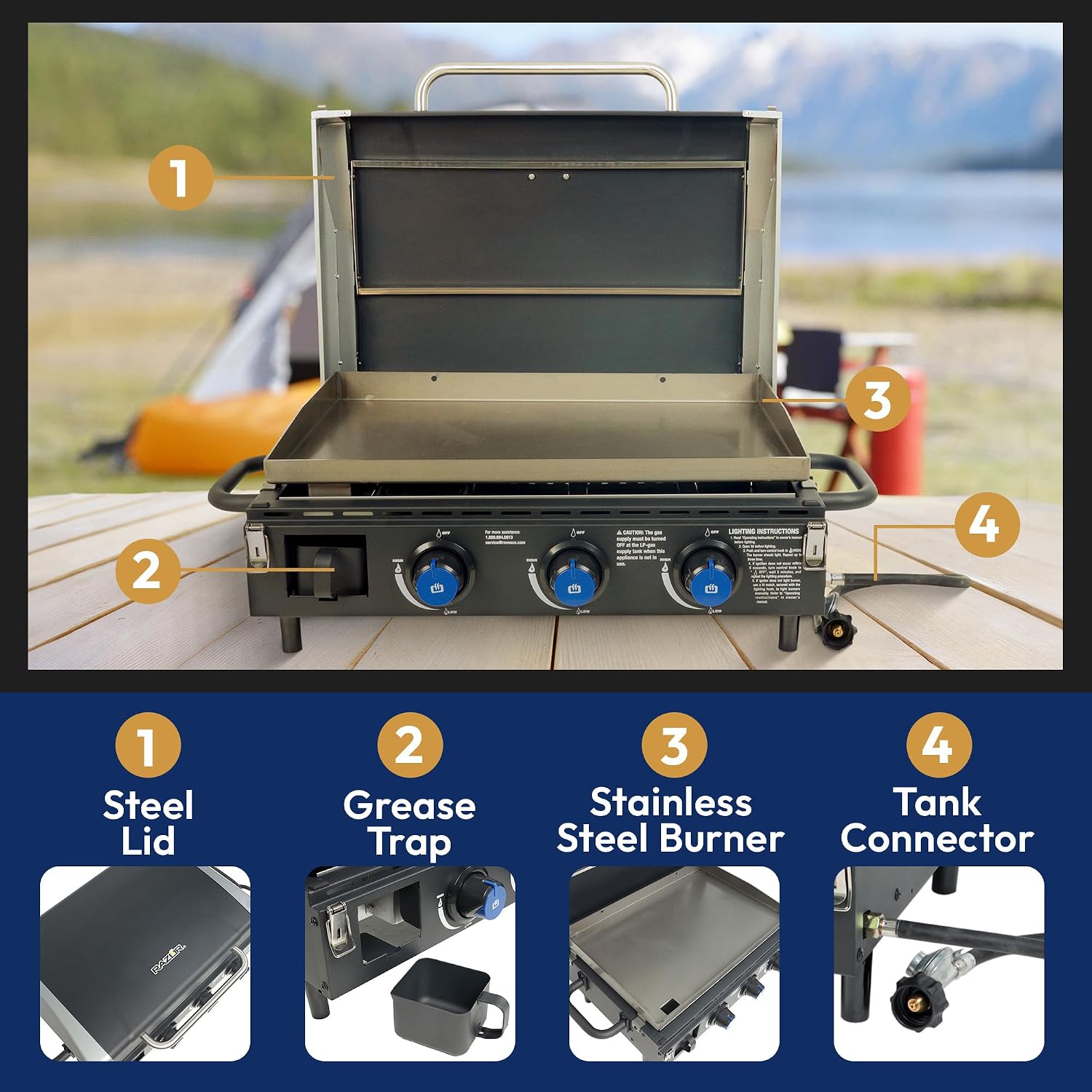 Razor 25 in. 3-Burner Portable Propane Gas Griddle with Lid in Black GGC2228MG