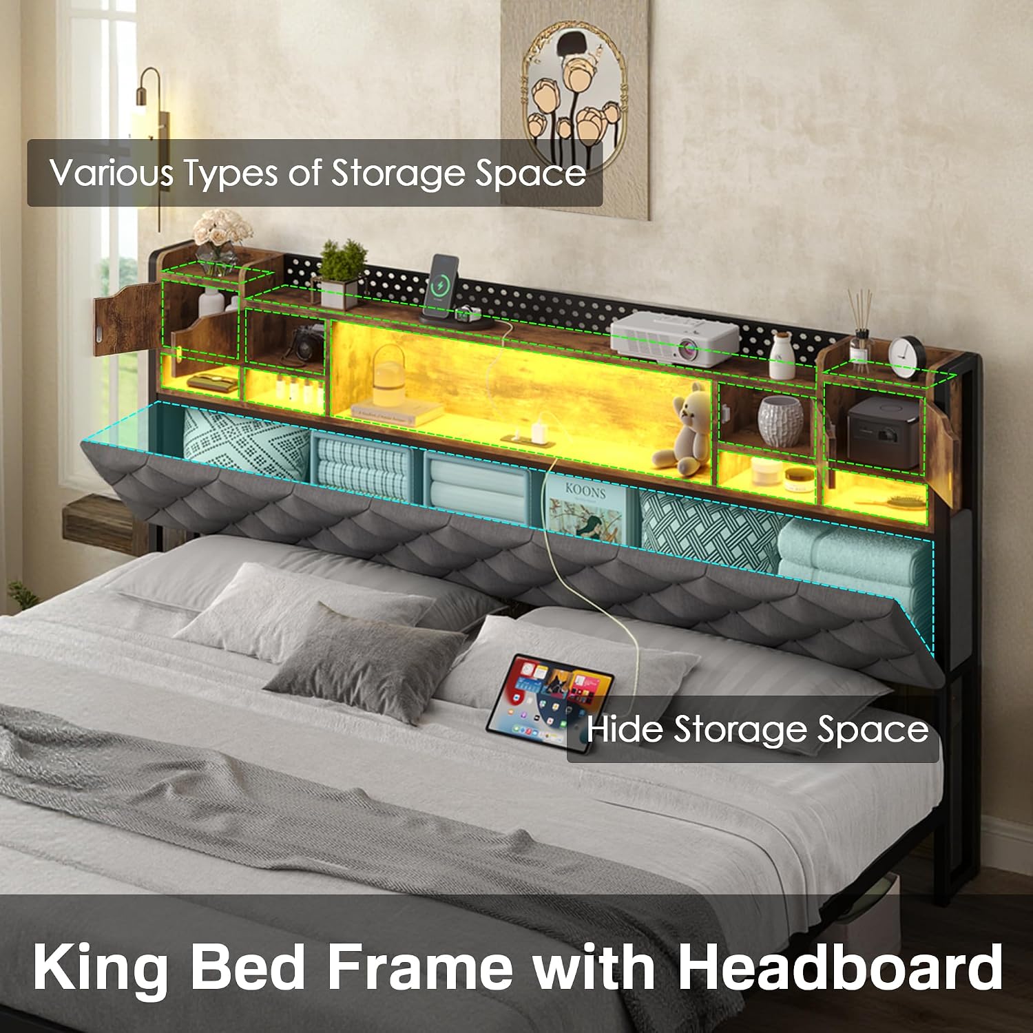 Dnxao King Size Bed Frame with Storage and Upholstered Headboard,Heavy Duty Metal Platform Bed with LED Lights,Charging Station & Hidden Shelves,Noise-Free,No Box Spring Needed,1200lbs,Gray