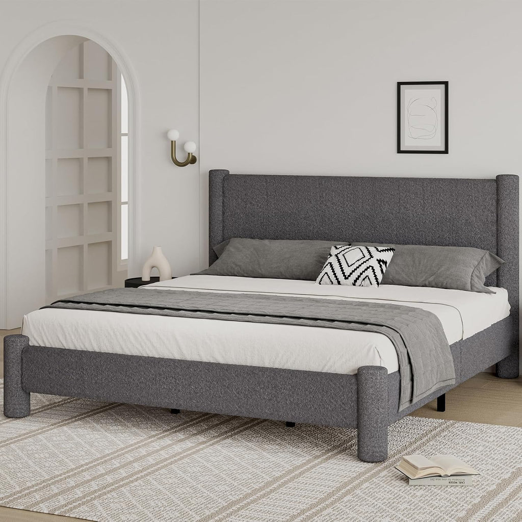 REVOMINCA King Size Bed Frame, Boucle Upholstered Platform Bed with Headboard and Footboard, Soft Rounded Corners, No Box Spring Required, Easy Assembly, Dark Grey