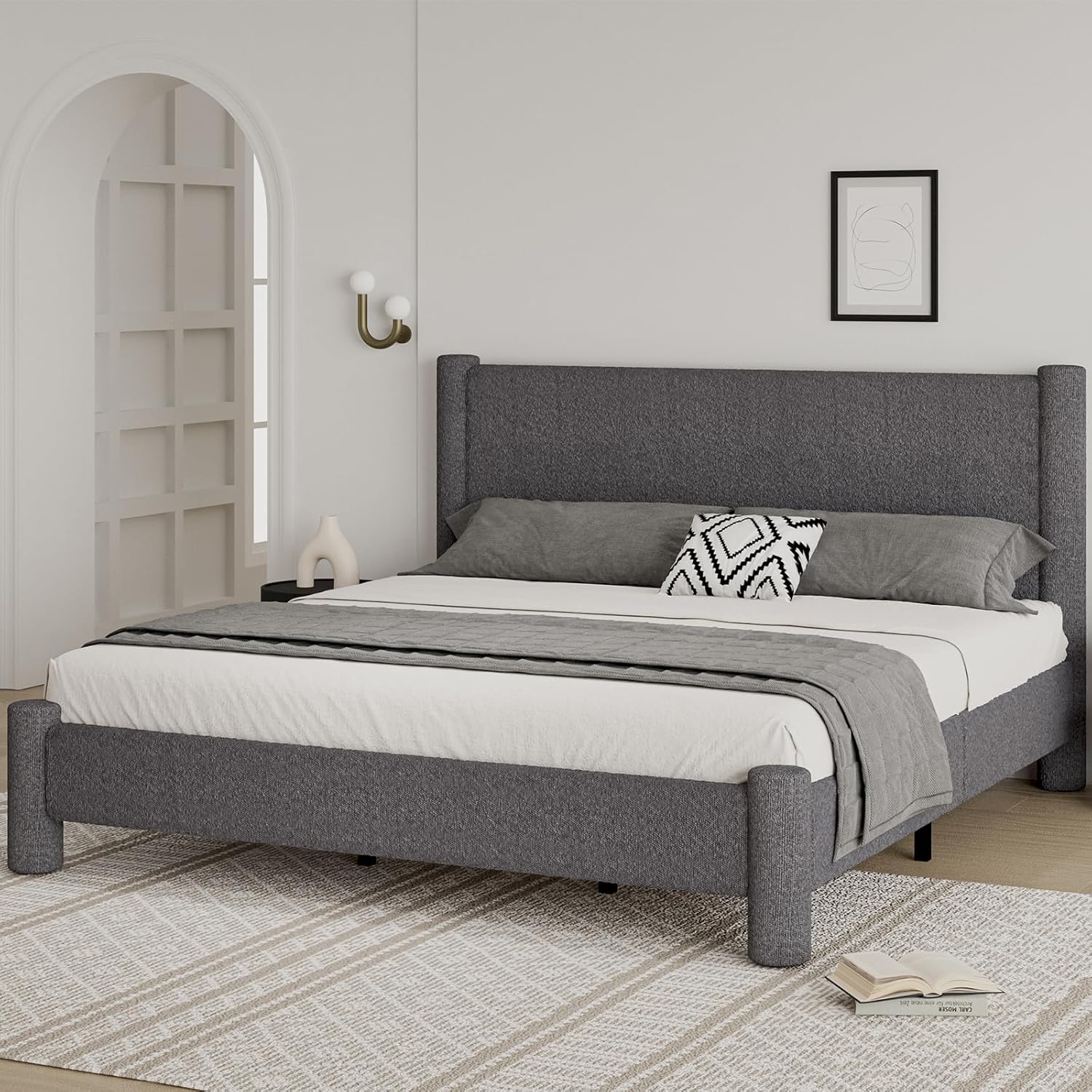 REVOMINCA King Size Bed Frame, Boucle Upholstered Platform Bed with Headboard and Footboard, Soft Rounded Corners, No Box Spring Required, Easy Assembly, Dark Grey