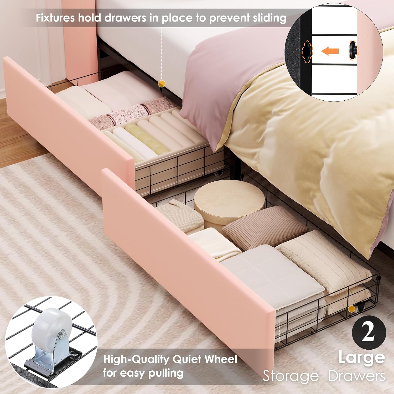 HIFIT Upholstered Queen LED Bed Frame with Charging Station and 2 Storage Drawers, Velvet Crystal Button-Tufted Wingback Headboard, Princess Platform Bed Frames for Girls, No Box Spring Needed, Pink