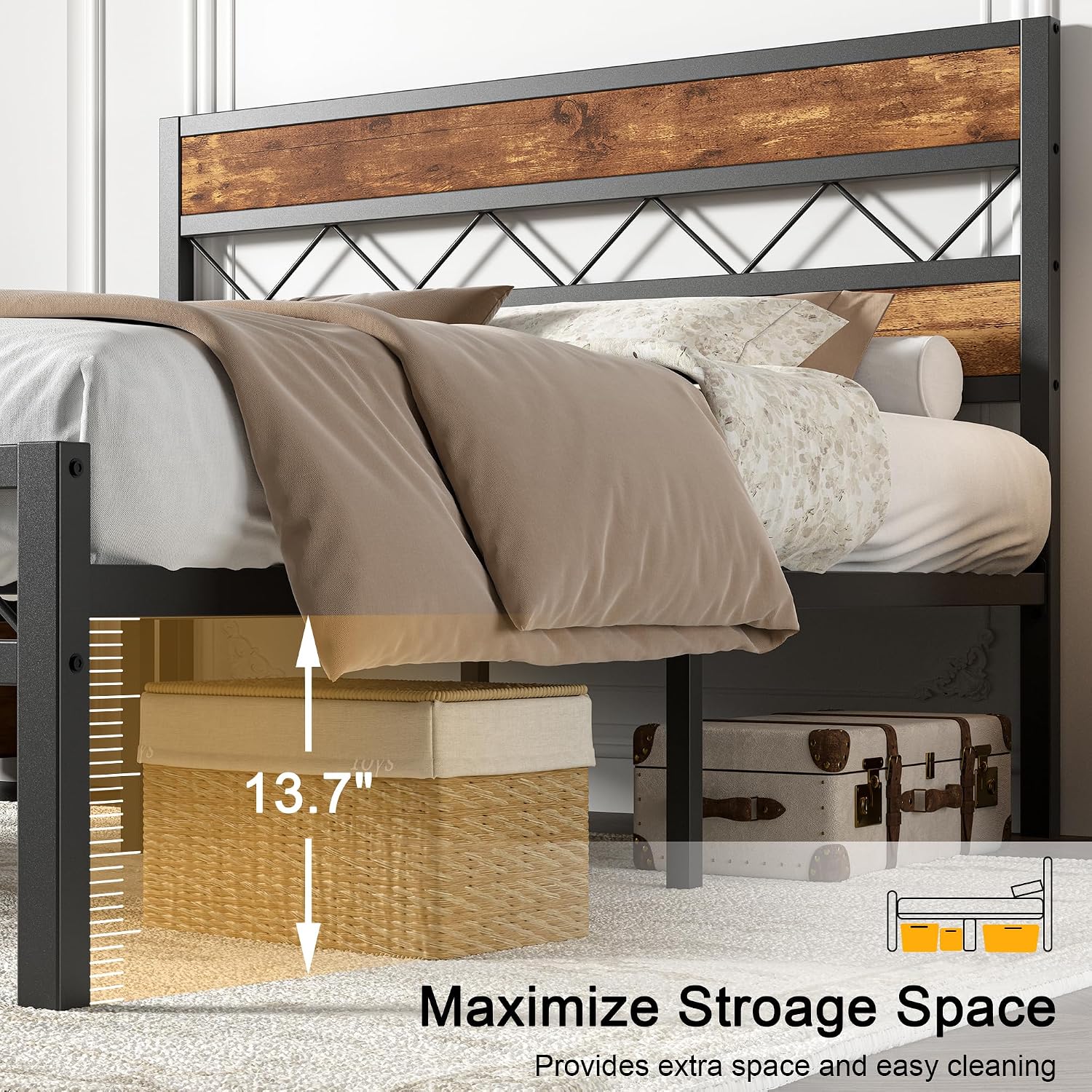 VECELO Full Size Bed Frame with Headboard, Heavy-Duty Platform Bedframe with Metal Slats Support, No Box Spring Needed, Easy Assembly, Black & Brown
