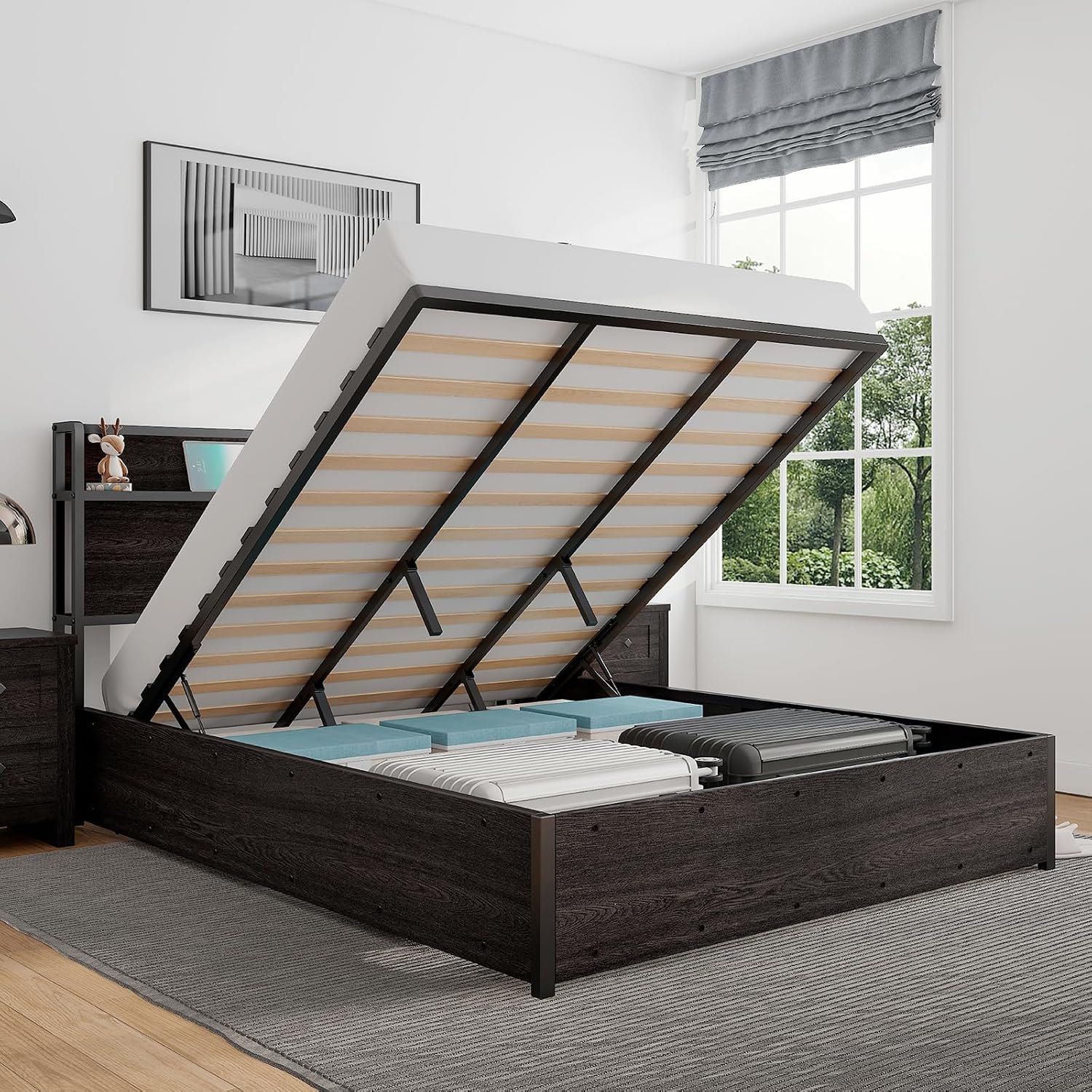 LUXOAK King Size Lift Up Storage Bed, Wood Platform Bed Frame with Storage Headboard & Charging Station, No Box Spring Needed, Easy Assembly, Black