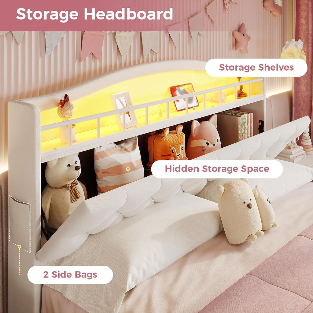 BTHFST Full Size Upholstered Girl Bed with LED Lights & Charging Station, Princess Platform Bed with Hidden Storage Headboard, No Box Spring Needed/Easy Assembly, Beige