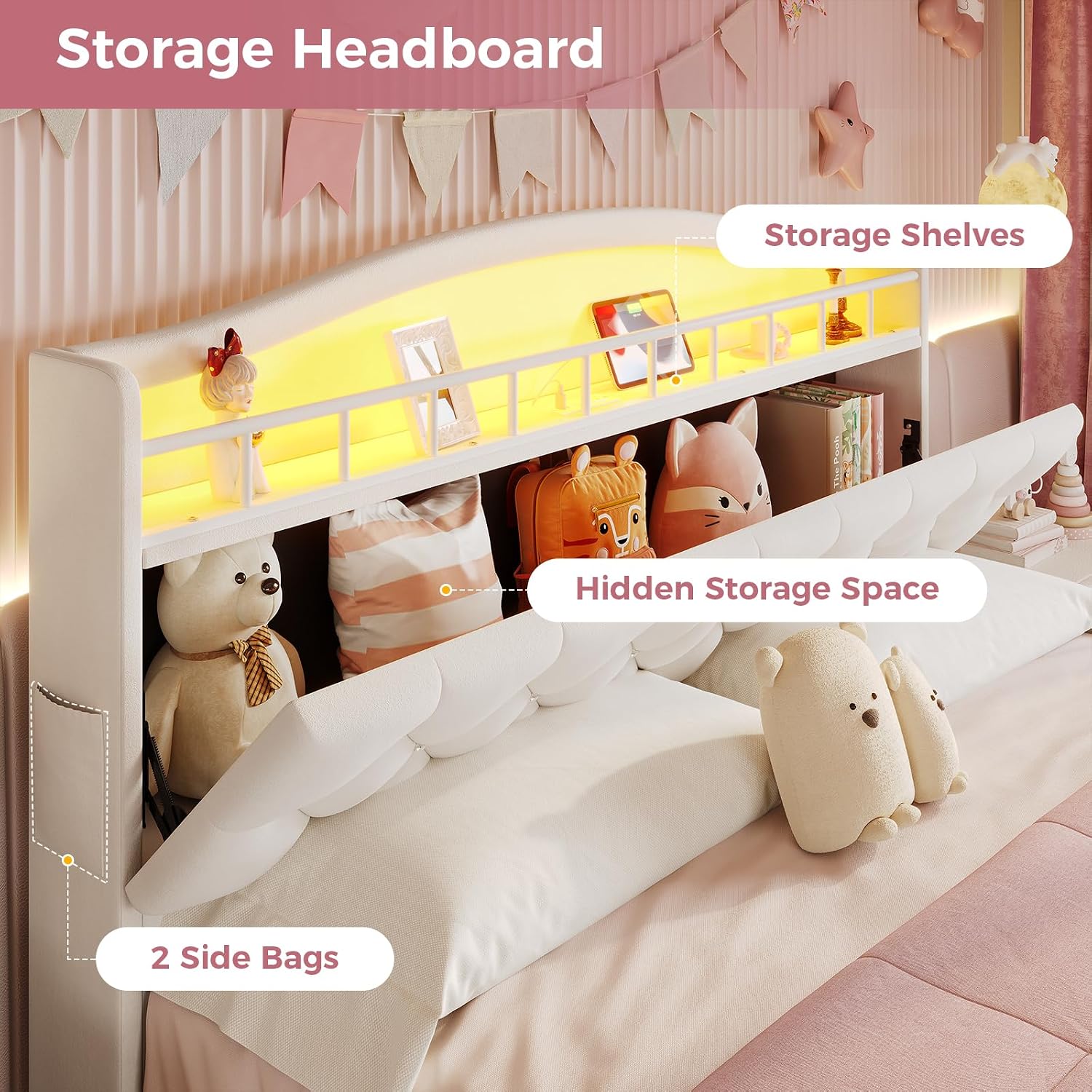 BTHFST Full Size Upholstered Girl Bed with LED Lights & Charging Station, Princess Platform Bed with Hidden Storage Headboard, No Box Spring Needed/Easy Assembly, Beige