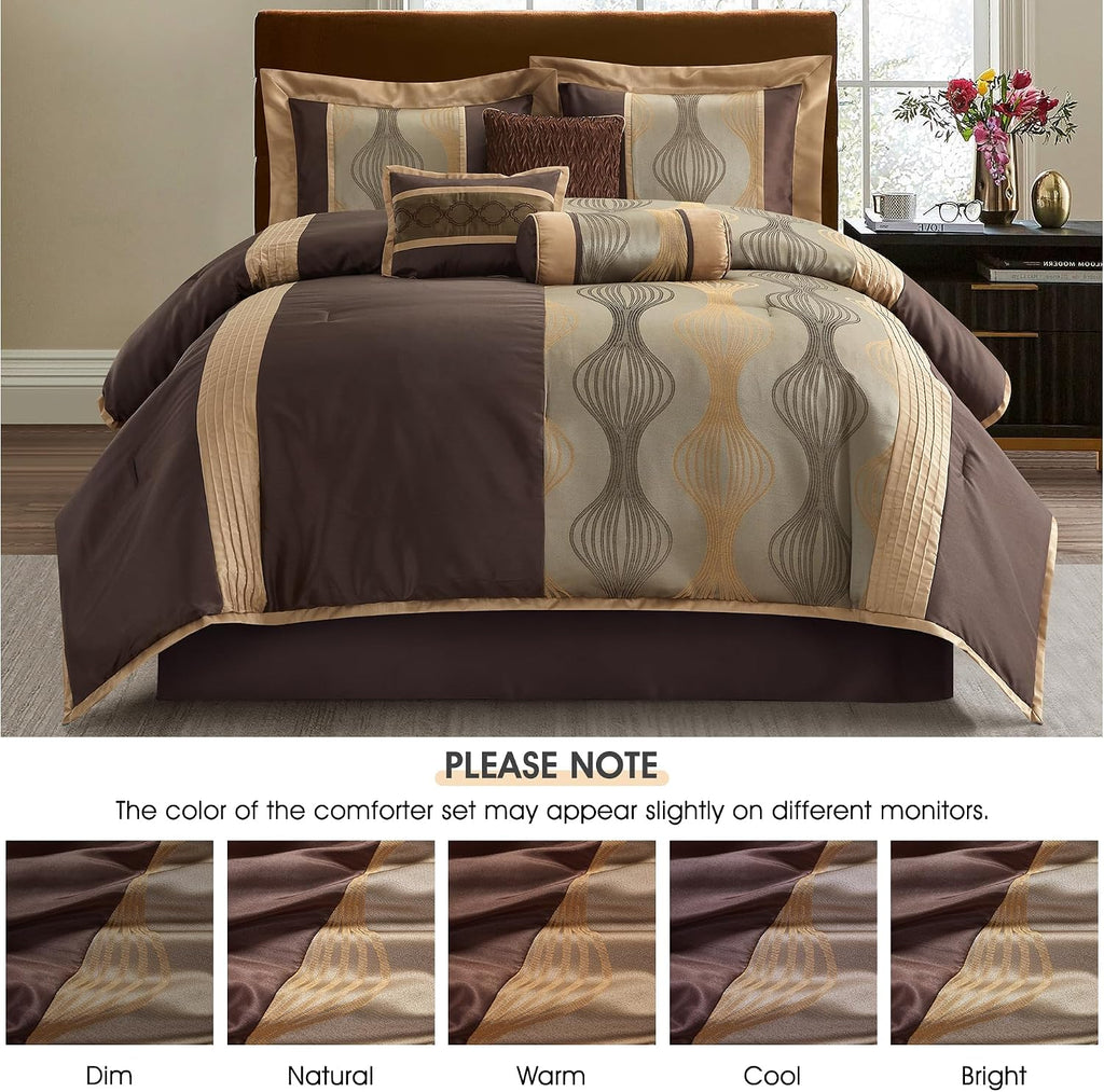 LANCO MODERN LIFESTYLE Full Comforter Set, Brown, 7 Pieces Bed in a Bag, Ultra Soft Jacquard with Solid Piecework, Luxury Bed Set with Comforters, Bed Skirt, Pillow Shams and Decorative Pillows
