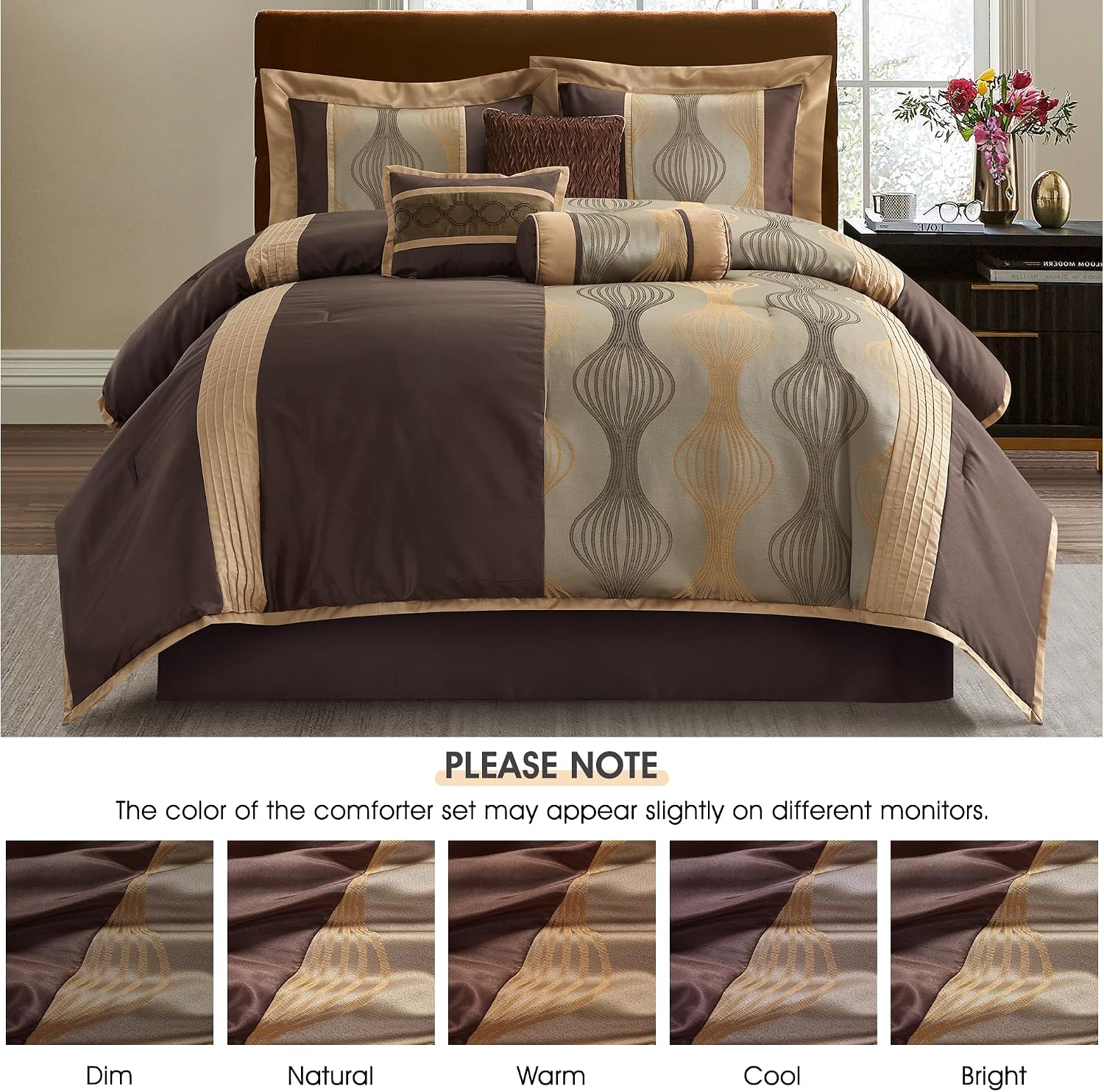 LANCO MODERN LIFESTYLE Full Comforter Set, Brown, 7 Pieces Bed in a Bag, Ultra Soft Jacquard with Solid Piecework, Luxury Bed Set with Comforters, Bed Skirt, Pillow Shams and Decorative Pillows