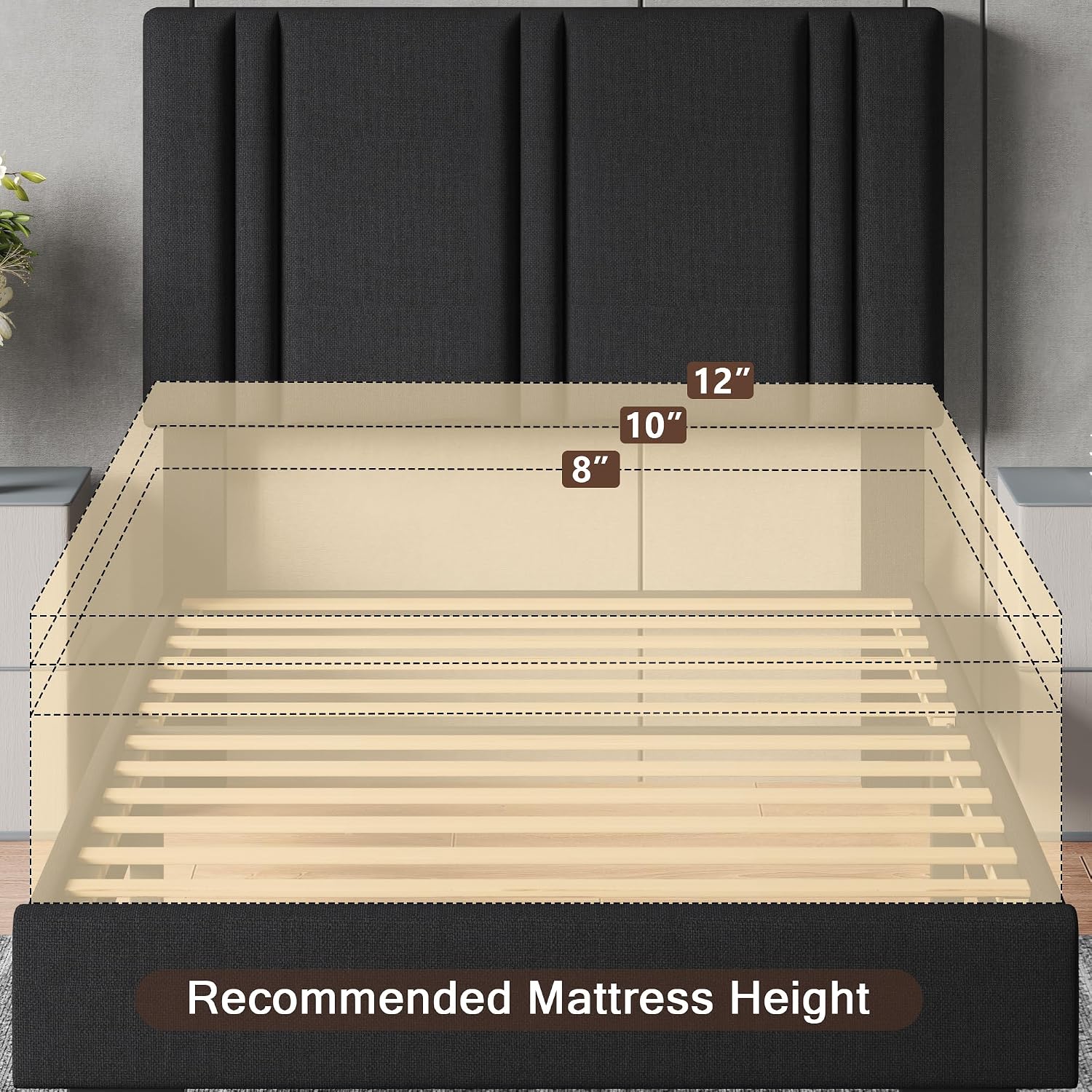 Einhomn Upholstered Twin Size Bed Frame with Linen Fabric Headboard, Strong Wooden Slats Support, Noise Free, No Box Spring Needed, Black