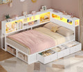 ADORNEVE Twin Corner Bed Frame with Bookcase Storage & LED Light Headboard, Charging Station, Metal Daybed with 3 Drawers & 2 Open Cubbies, for Small Bedrooms, White